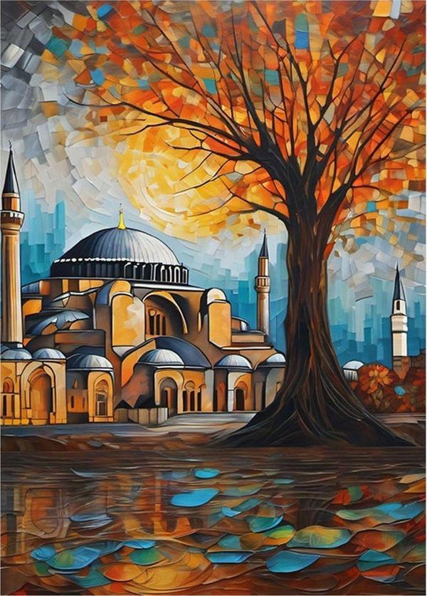Ekart Renkli Ağaç Ve Ayasofya Cami Hediyelik Ahşap Tablo 35 cm x 50 cm - Image 1