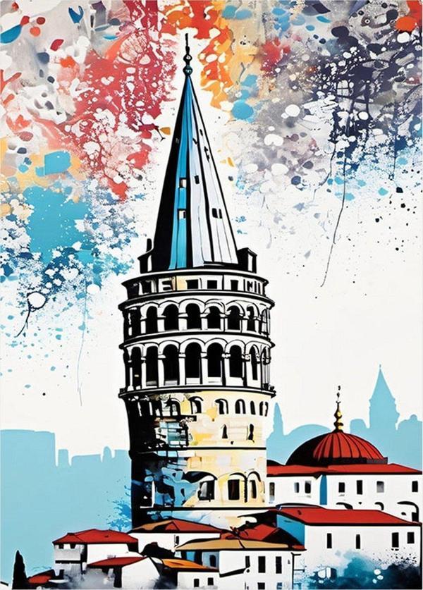 Ekart Renkli Fon Galata Kulesi Tasarım Ahşap Tablo 35 cm x 50 cm - Image 1