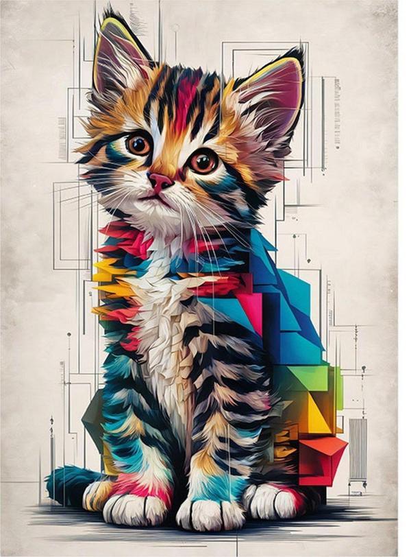 Ekart Renkli Kristaller ve Tekir Kedi Model Ahşap Tablo 50 cm x 70 cm - Image 1