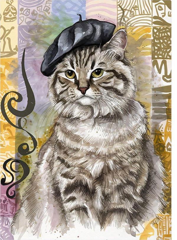 Ekart Şapkalı Kedi Desenli Ahşap Tablo 25 cm x 35 cm - Image 1