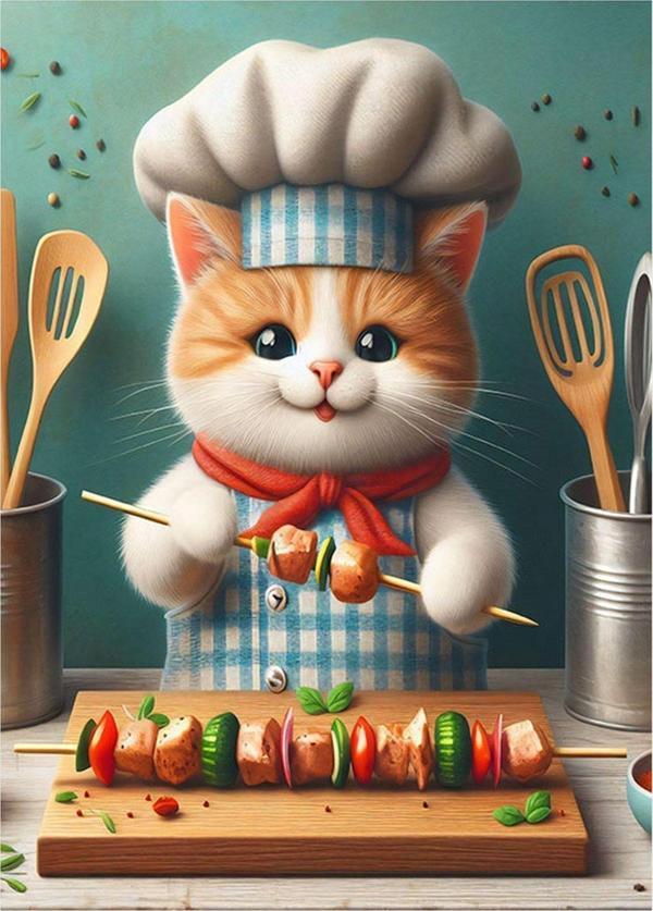 Ekart Şiş Kebap Yapan Sevimli Kedi Dekoratif ahşap Tablo 35 cm x 50 cm - Image 1