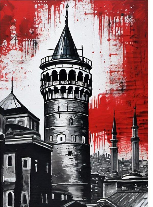 Ekart Siyah Beyaz Galata Kulesi Tasarım Ahşap Tablo 35 cm x 50 cm - Image 1
