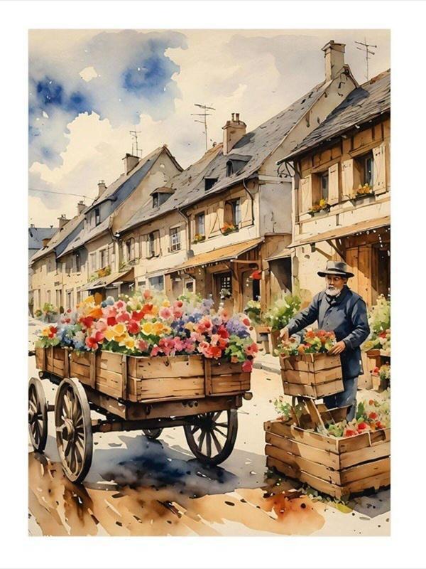 Ekart Retro Sokak Ve Çiçekçi Adam Dekoratif ahşap Tablo 25 cm x 35 cm - Image 1