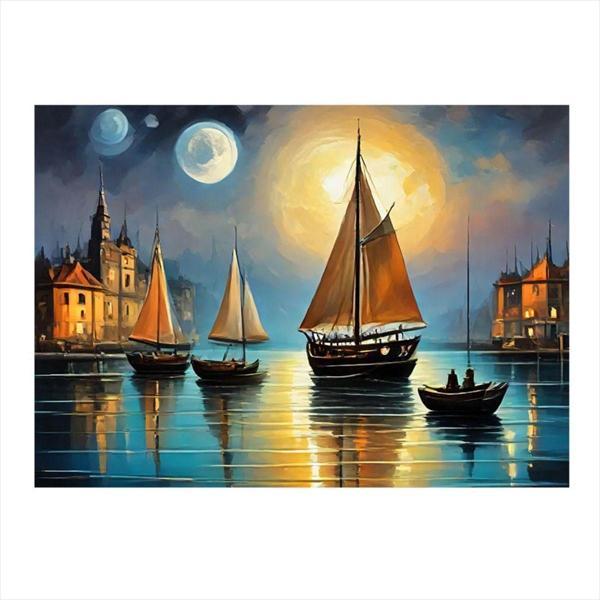 Ekart Retro Tekneler Ve Evler Desenli Ahşap Tablo 35 cm x 50 cm - Image 1