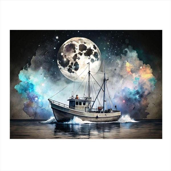 Ekart Tekne Ve Dolunay Dekoratif ahşap Tablo 35 cm x 50 cm - Image 1