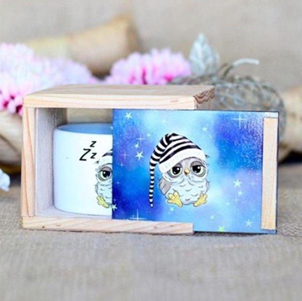 Mobgift Baykuş Tasarımlı Ahşap Kutulu Kupa - Image 1