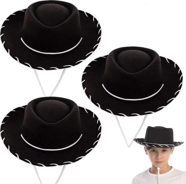 Mobgift Beyaz Bağcıklı Siyah Renk Çocuk Kovboy Şapkası - Image 1