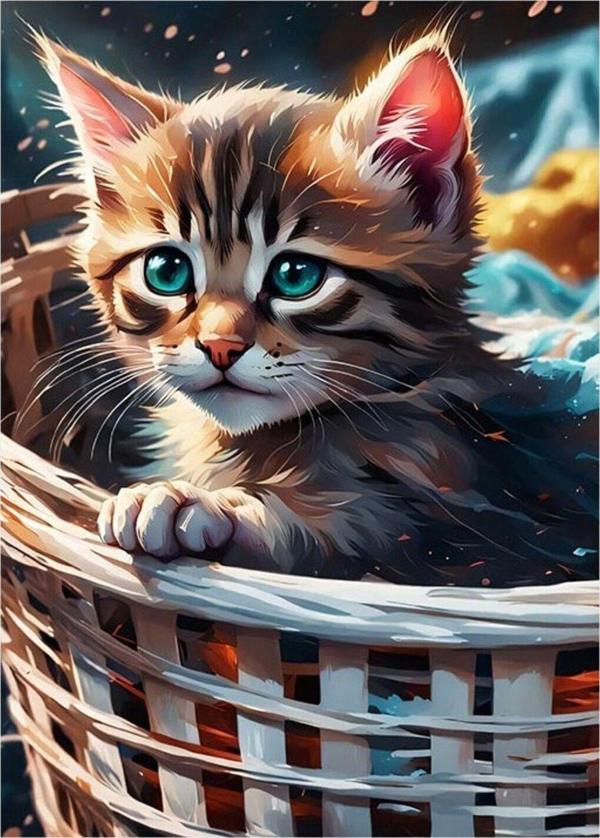 Ekart Sepetteki Kedi Desenli Ahşap Tablo 25 cm x 35 cm - Image 1
