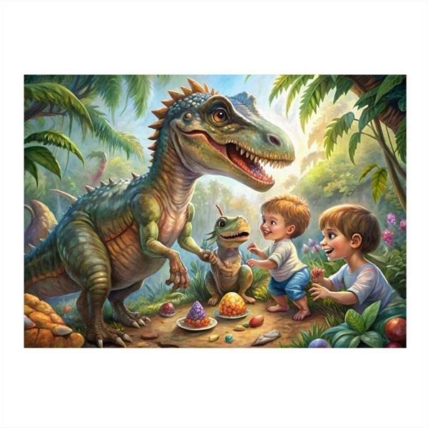 Ekart Sevimli Dinazor Ve Çocuklar Tasarım Ahşap Tablo 35 cm x 50 cm - Image 1