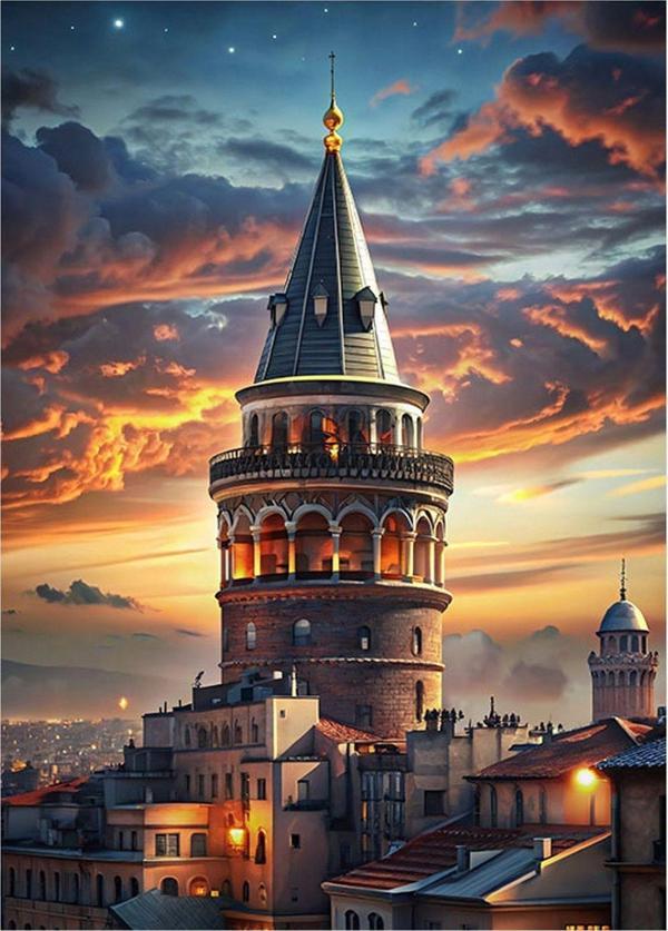Karizmart Gün Batımı Ve Galata Kulesi Desenli Ahşap Tablo 35 cm x 50 cm - Image 1