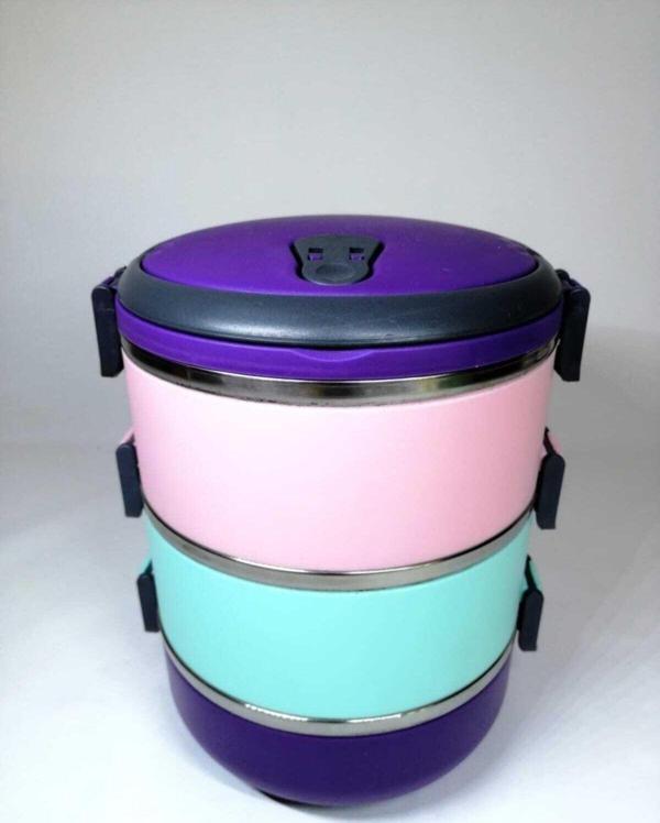 Mobgift Freshbox 3 Katlı Sefer Tası Yemek Termosu ( Mor Turkuaz Pudra Pembe ) - Image 1