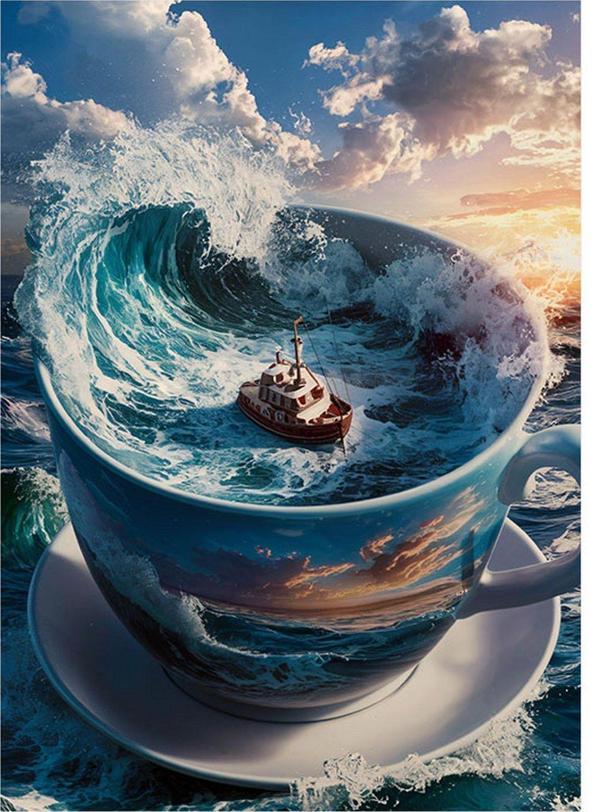 Ekart Fincanın İçindeki Gemi Mdf poster 35 cm x 50 cm - Image 1