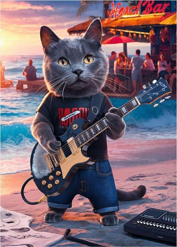 Ekart Gitar Çalan Kedi Art Mdf Poster 35 cm x 50 cm - Image 1