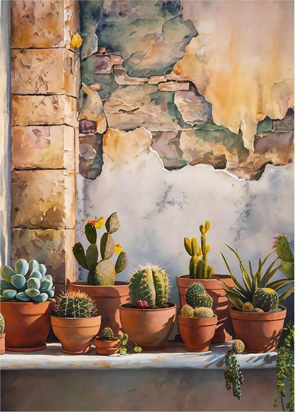 Ekart Kaktüs Çeşitleri Ve Eski Duvar Art Mdf Poster 25 cm x 35 cm - Image 1