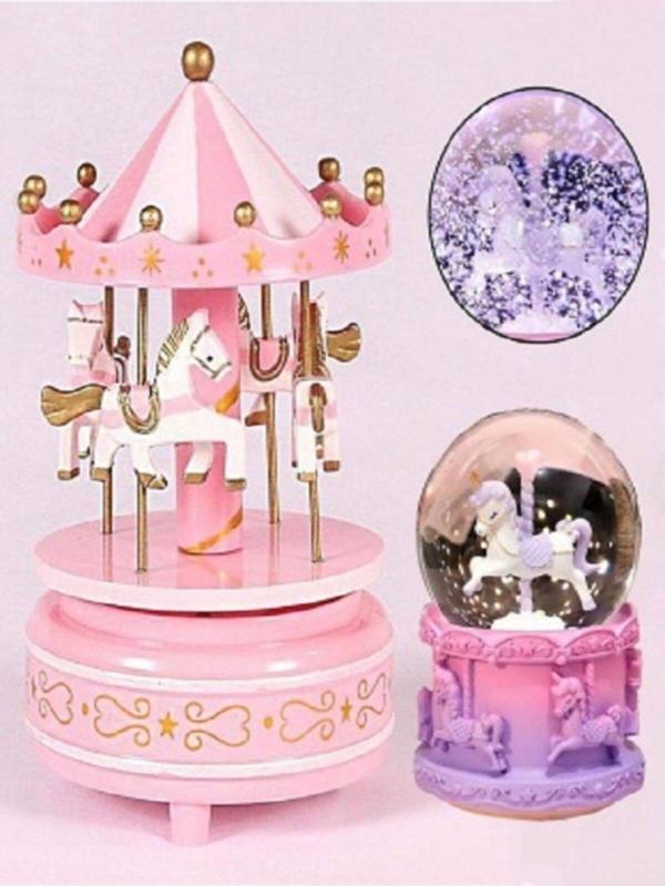 Mobgift Pembe Mini Boy Atlı Karıncalı Kar Küresi Ve Pembe Beyaz Atlı Karınca Müzik Kutusu Seti - Image 1