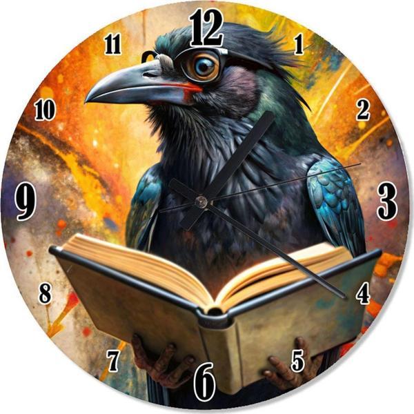 Ekart Kitap Okuyan Gözlüklü Karga Sessiz Duvar Saati - Image 1