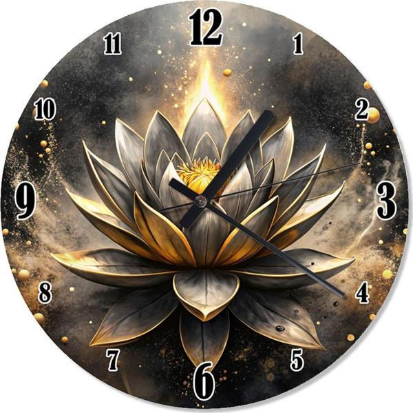 Ekart Lotus Çiçeği Ve Altın Sarısı Boyalar Desenli Duvar Saati - Image 1