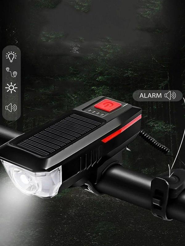 Mobgift Solar Enerjili Usb Ile Şarj Edilebilir Ledli Bisiklet Feneri Kornalı Ve Su Geçirmez Far - Image 1