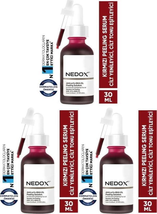 NEDOX 3 Adet Cilt Yenileyici Cilt Tonu Eşitleyici Kırmızı Peeling Serum Aha %30 Bha %2 Ph % 3.5 Serum 30 ml - Image 1