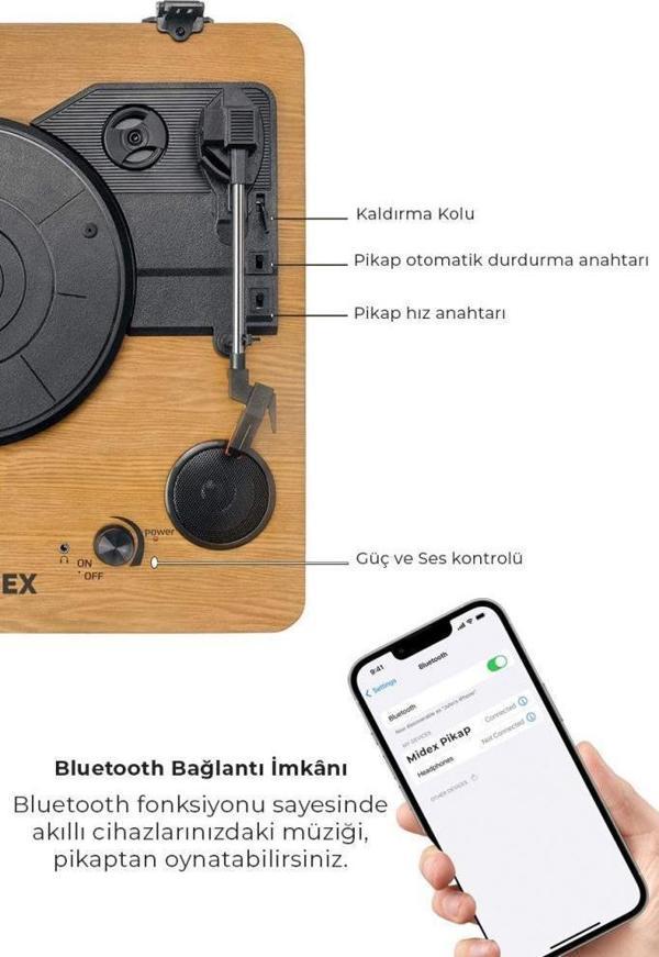 Midex Mtx-256 Nostaljik Pikap Plak Çalar (Şarjlı Bluetooth Aux Hoparlörlü 3 Devir) İğne Dahil - Image 1
