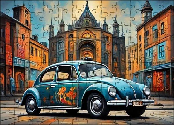 Ekart Ahşap Mdf Puzzle Yapboz Retro Kaplumbağa Araba 120 Parça 25 x 35 cm - Image 1