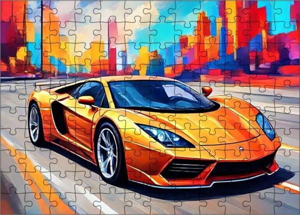 Ekart Ahşap Mdf Puzzle Yapboz Turuncu Spor Araba 120 Parça 25 x 35 cm - Image 1