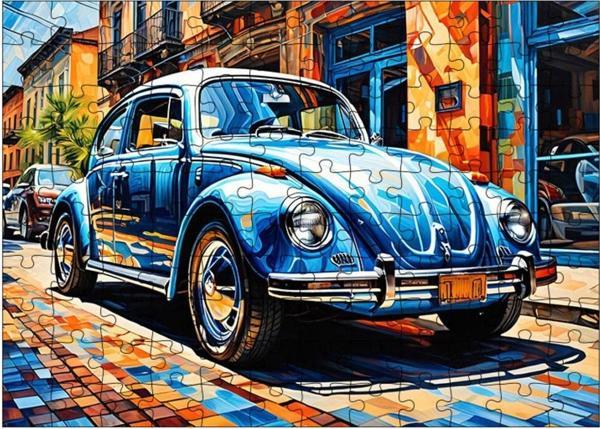 Ekart Ahşap Mdf Puzzle Yapboz Mavi Retro Kaplumbağa Araba 120 Parça 25 x 35 cm - Image 1