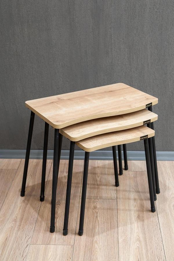 Bayrak Metal Ayaklı 3'lü Zigon Sehpa Çay Sehpası Servis Sehpası - Atlantik Çam / Atlantik Ça - Image 1