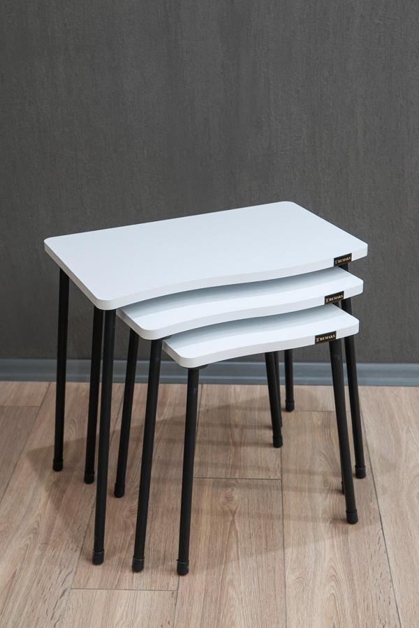 Bayrak Metal Ayaklı 3'lü Zigon Sehpa Çay Sehpası Servis Sehpası - Beyaz / Beyaz - Image 1