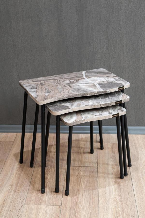 Bayrak Metal Ayaklı 3'lü Zigon Sehpa Çay Sehpası Servis Sehpası - Gri Mermer / Gri Mermer - Image 1