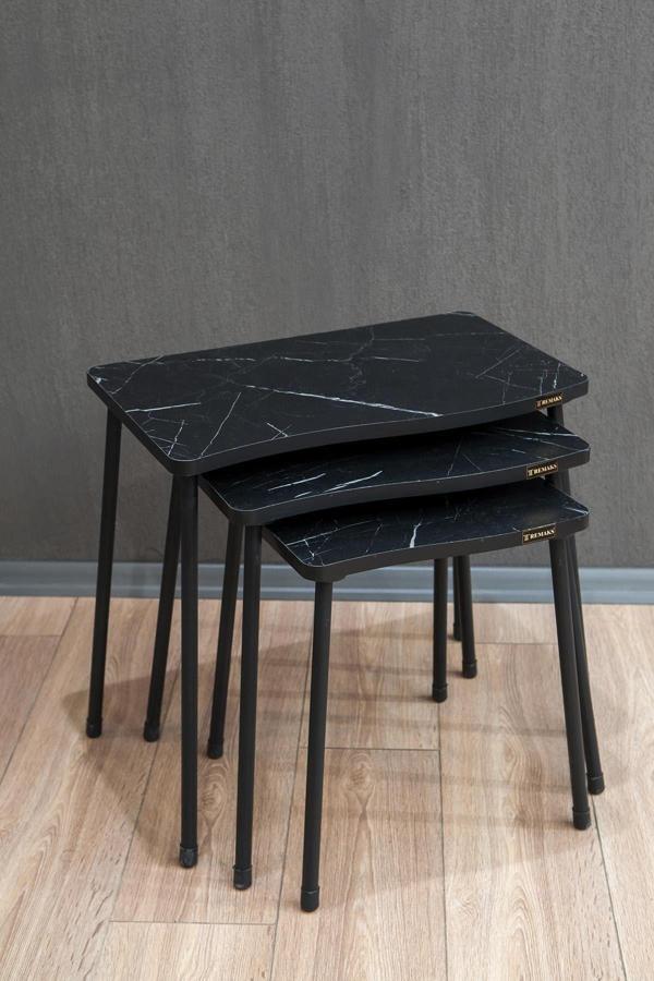 Bayrak Metal Ayaklı 3'lü Zigon Sehpa Çay Sehpası Servis Sehpası - Siyah Mermer / Siyah Merme - Image 1