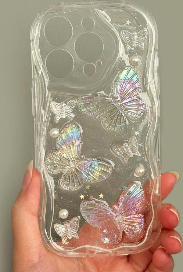 iPhone 15 Pro Max Kılıf 3D Kelebek Desen Kamera Korumalı Şeffaf Silikon Kapak - Image 1