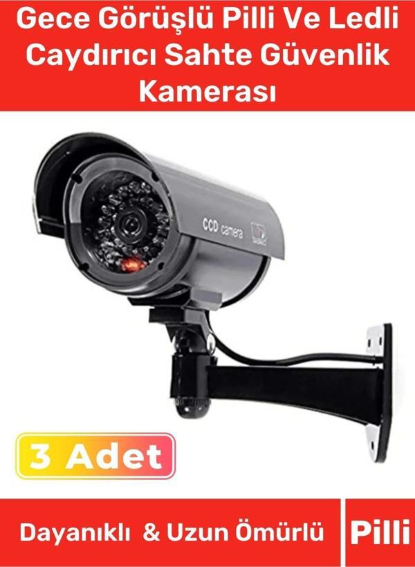 Özel Ev Apartman Bahçe İş Yeri Gece Görüşlü Pilli Ledli Caydırıcı Sahte Güvenlik Kamerası 3'lü Set - Image 1