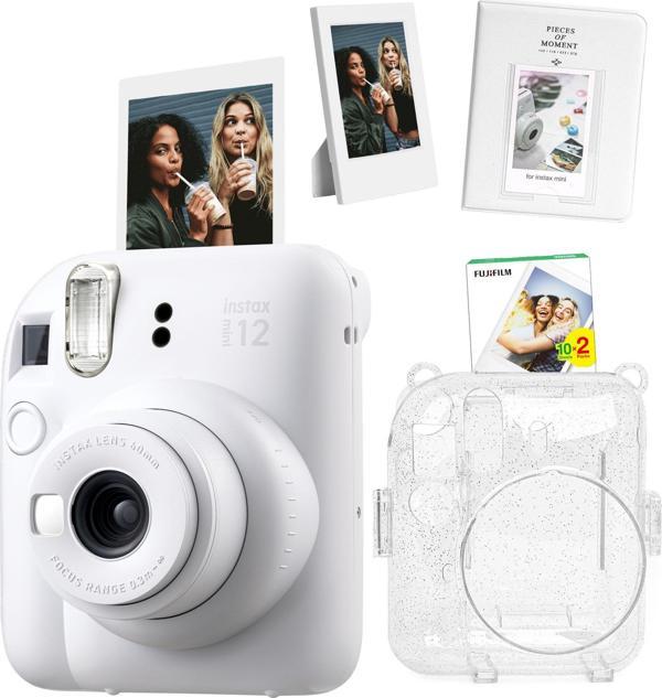 Instax mini 12 Beyaz Fotoğraf Makinesi Simli Pleksi Kılıf Pvc Albüm 20'li Film ve Çerçeveli Hediye S - Image 1