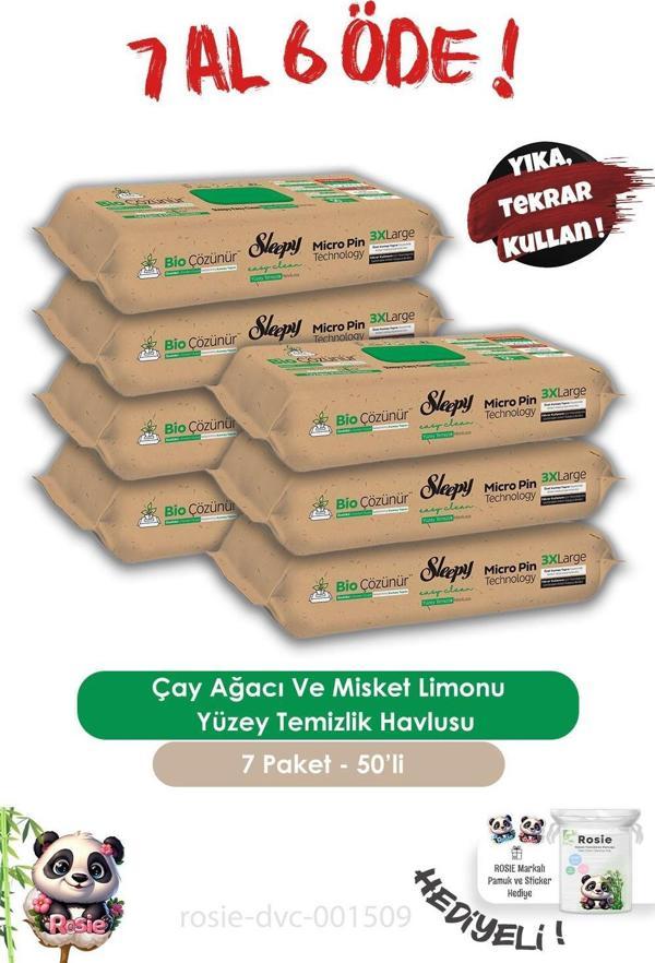 Sleepy 7 AL 6 ÖDE  Bio Çözünür Çay Ağacı Ve Misket Limonu Yüzey Temizlik Havlusu 50'li ve ROSIE - Image 1