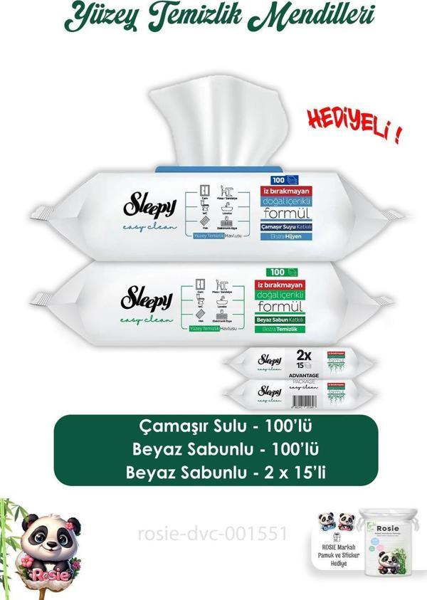 Sleepy Beyaz Sabunlu 100'lü, Çamaşır Sulu 100'lü  Yüzey Mendili, Easy Clean 2x15 ve ROSIE  - Image 1