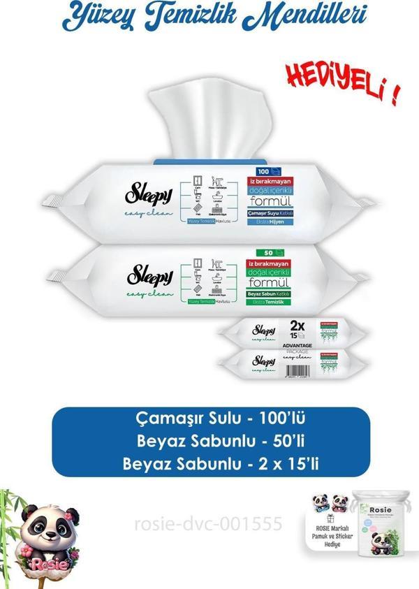 Sleepy  Çamaşır Sulu 100' lü, Beyaz Sabunlu 50'li Yüzey Temizlik Havlusu,  Easy Clean 2x15 ve ROSIE  - Image 1