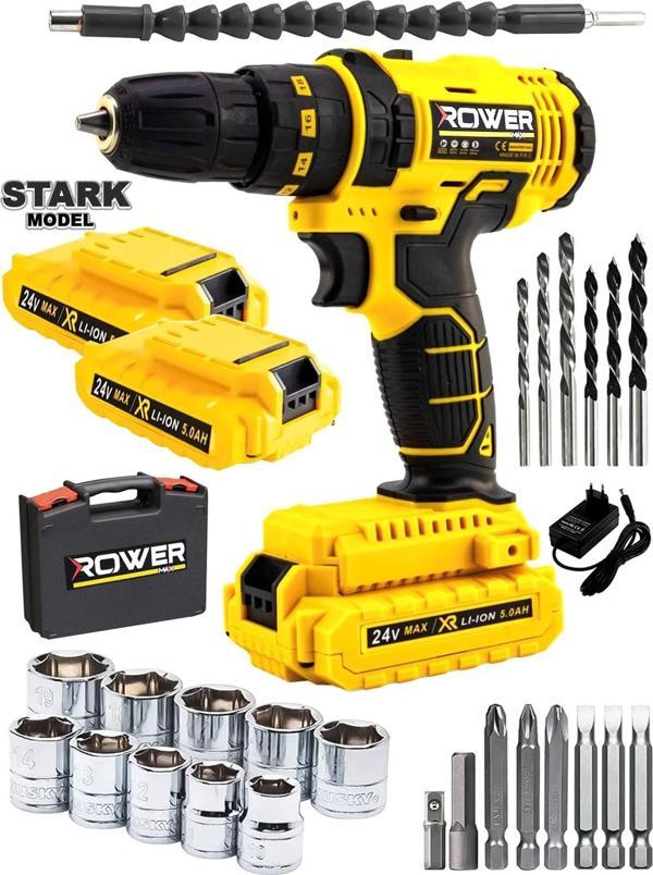 Rowermax Alman Stark 245VFX Darbeli Çelik Şanzuman Çift Akülü Şarjlı 27 Parça Setli Matkap Vİdalama - Image 1