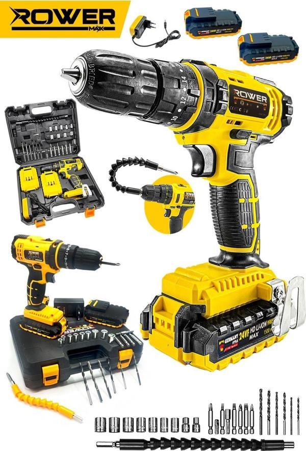 Rowermax AlmanTech 99880VFX Darbeli Ultimate Metal Şanzıman Çift Akülü Şarjlı Matkap 24 Parça Akülü  - Image 1