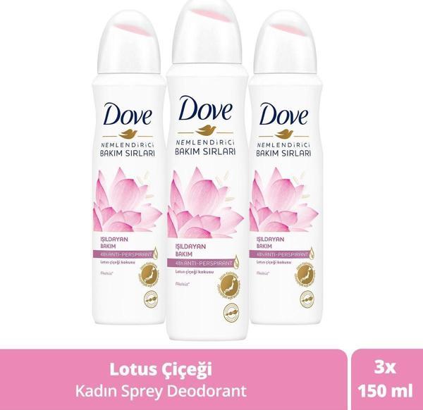 Dove Kadın Sprey Deodorant Işıldayan Bakım Lotus Çiçeği Kokusu 150 Ml X3 Adet - Image 1