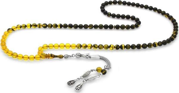 Kararmaz Metal Su Damlası Püsküllü Küre Kesim Süzme Sarı-Siyah Ateş Kehribar 99'luk Tesbih - Image 1