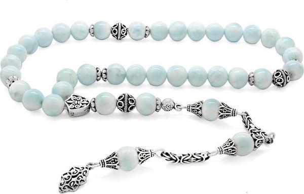 Kolleksiyonluk 925 Ayar Gümüş Püsküllü Larimar Doğaltaş Tesbih - Image 1