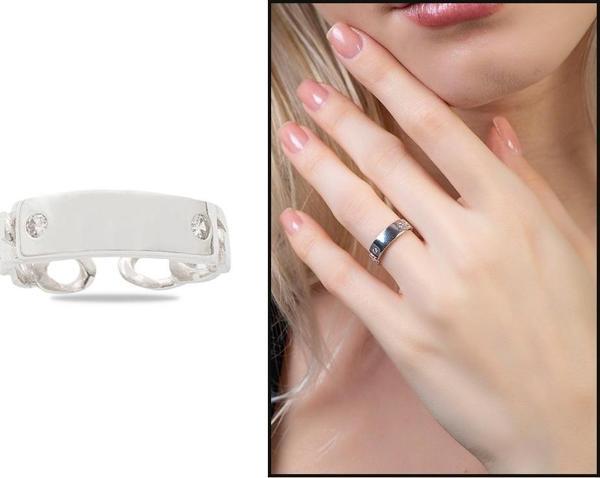 Zirkon Taşlı Zincir Tasarım Silver Renk Free Size Kişiye Özel İsim Harf Yazılı 925 Ayar Gümüş Kadın Yüzük - Image 1