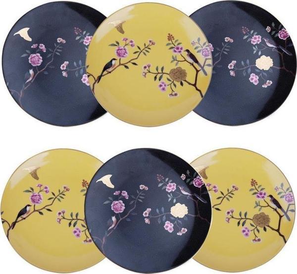 Lucky Art Lucile Siyah Sarı Kuş Desenli 6'lı Porselen Servis Tabağı Seti 20 cm  LYWY 007 - Image 1