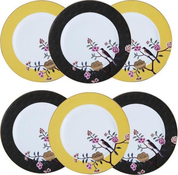 Lucky Art Lucile Siyah Sarı Kuş Desenli 6'lı Porselen Servis Tabağı Seti 28 cm  LYWY 008 - Image 1