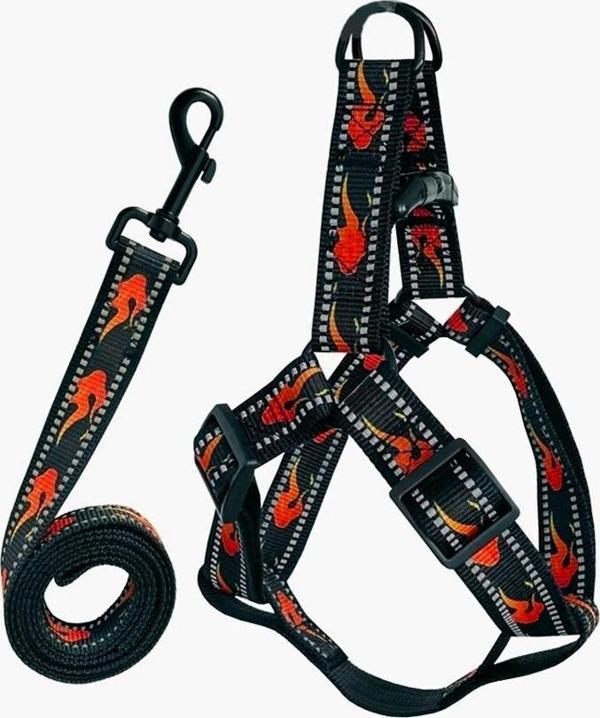 Köpek Göğüs Tasma Seti Reflektörlü Alev Desenli 120 cm-48 cm-70 cm Siyah - Image 1