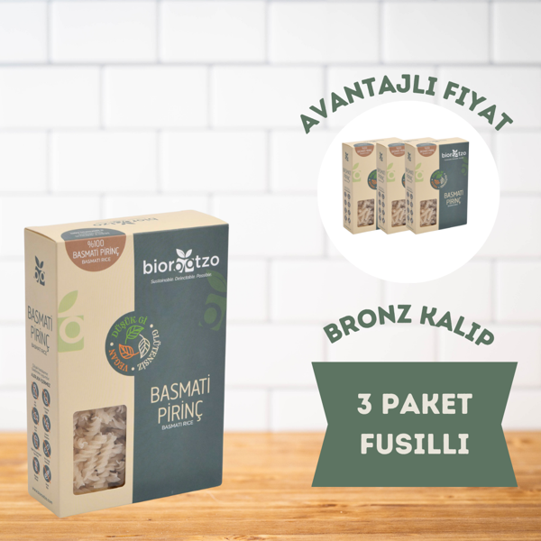 Biorootzo Artizan Bronz Kalıp  Glütensiz Vegan Basmati Pirinç Fusilli 3 Paket x 200 g Avantajlı Paket - Image 1