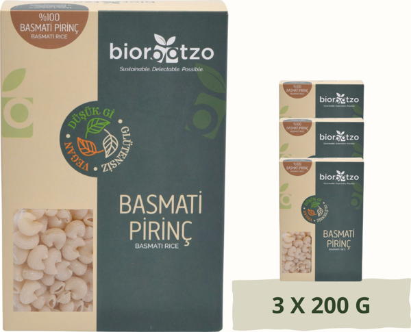 Biorootzo Artizan Bronz Kalıp  Glütensiz Vegan Basmati Pirinç Pipe Rigate Mantı 3 Paket x 200 g Avantajlı Paket - Image 1
