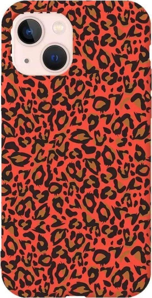 iPhone 13 Turuncu Renkli Silikon Telefon Kılıfı - Leopar - Image 1