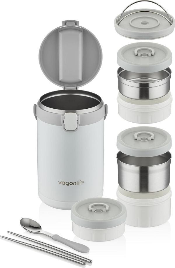 Vagonlife Çelik Yemek Termosu Isı Yalıtımlı 3 Kaseli 2.1LT Sızdırmaz Vakumlu Kap Taşıma Kulplu -FF10089 - Image 1